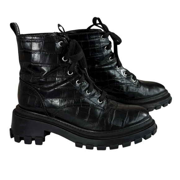 Schutz Black Croc-Embossed Leather Chunky Lug Sole Combat Platform Boots 7.5 - Picture 4 of 16